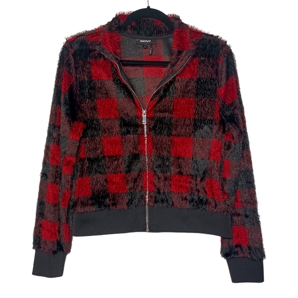 DKNY Eyelash Red Black Buffalo Plaid Print Long Sleeve Zipper Front Jacket Small